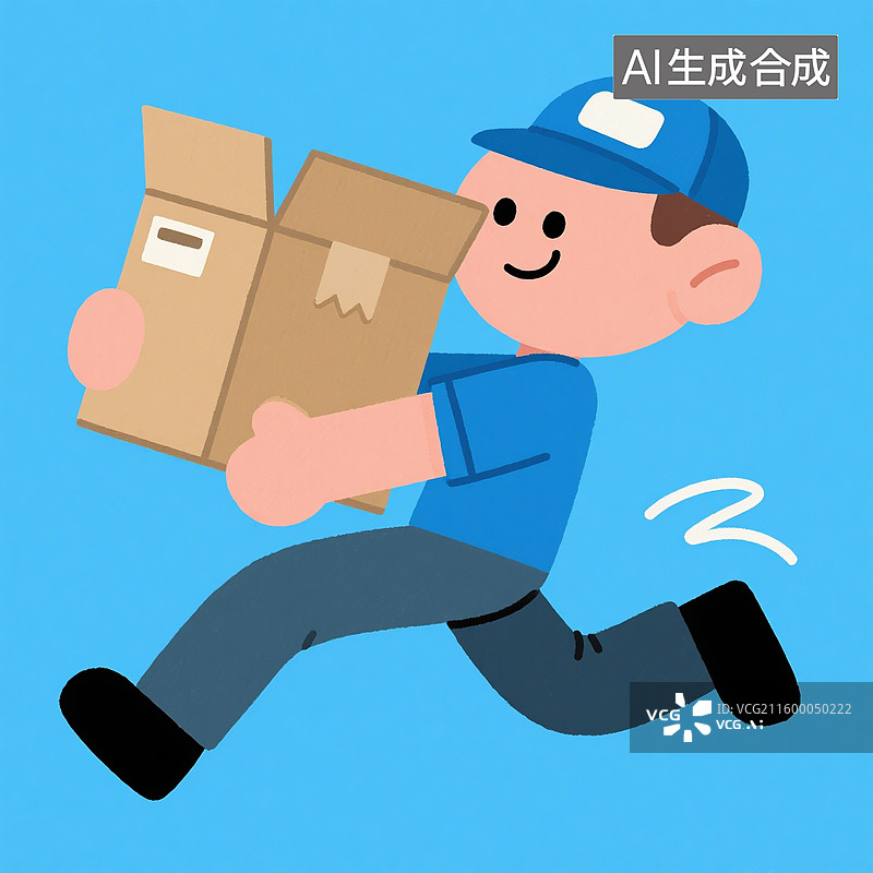 【AI数字艺术】手绘插画，卡通人物，拿着纸板箱的快递员的形象，物流，快递，仓储，货运，劳动节，购物节促销图片素材
