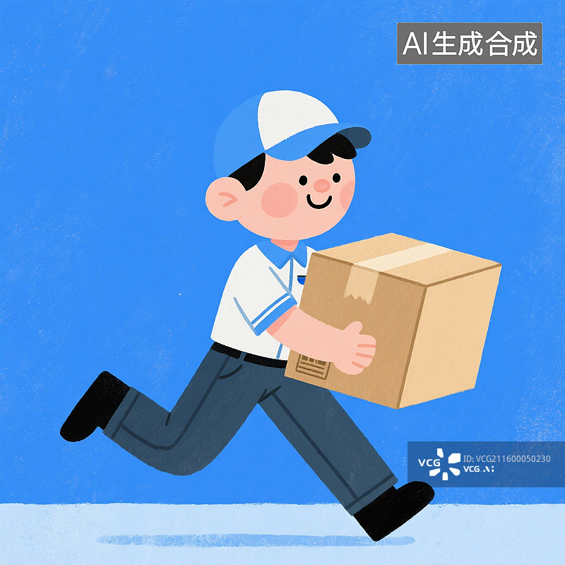 【AI数字艺术】手绘插画，卡通人物，拿着纸板箱的快递员的形象，物流，快递，仓储，货运，劳动节，购物节促销图片素材