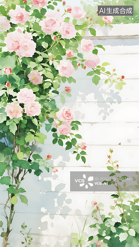 【AI数字艺术】AIGC：白色墙面上的粉色蔷薇花，唯美治愈系壁纸背景插图插画图片素材