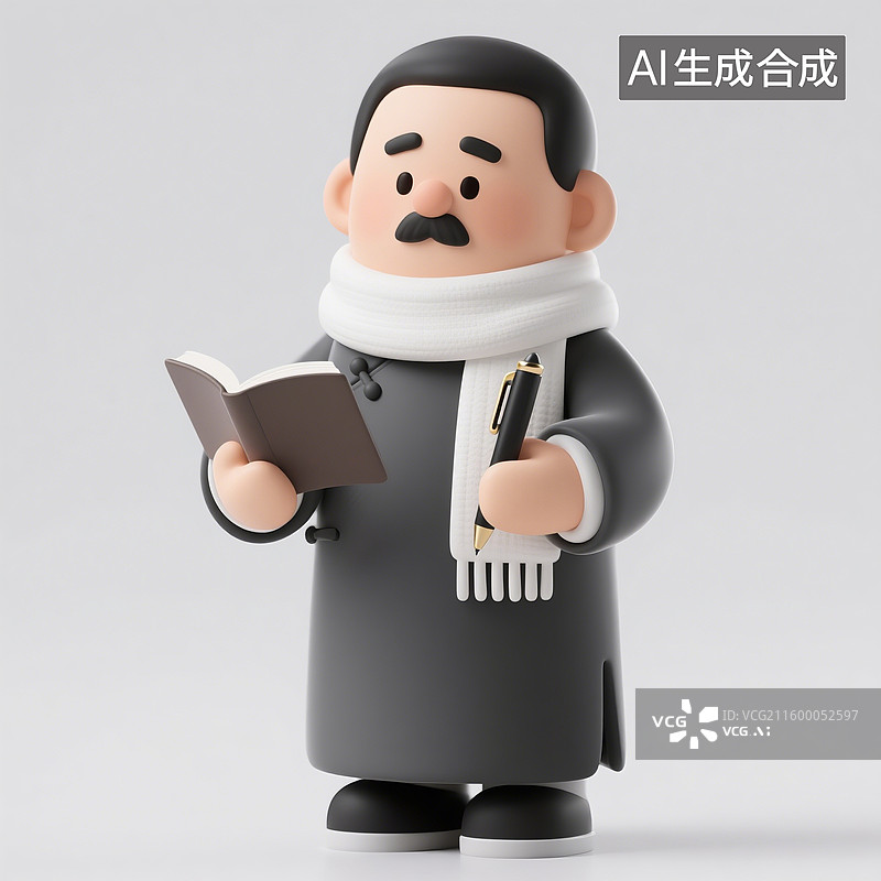 【AI数字艺术】3D渲染卡通人物，穿长衫的民国时期男性，手里拿着书本和笔图片素材