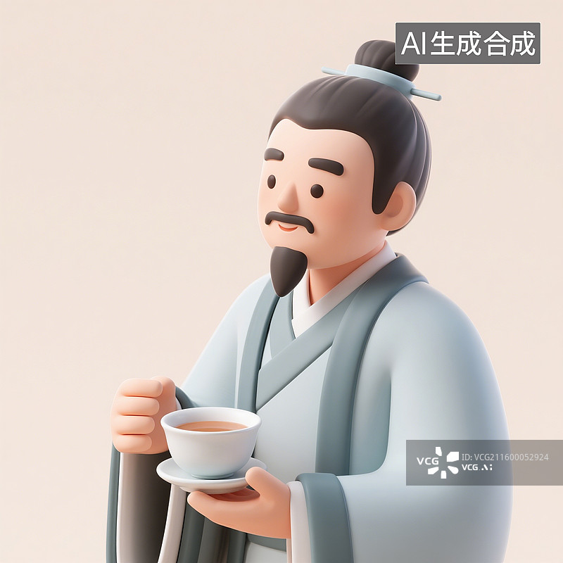 【AI数字艺术】3D渲染中国风古代人物，喝茶的男人，盖碗茶，喝茶，茶壶，茶具，茶道，传统服饰，茶文化图片素材