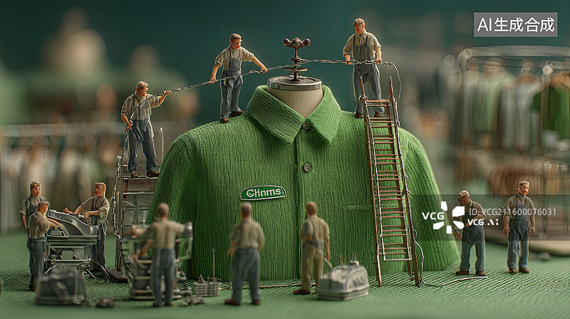 【AI数字艺术】微型工人在绿色衬衫上作业图片素材