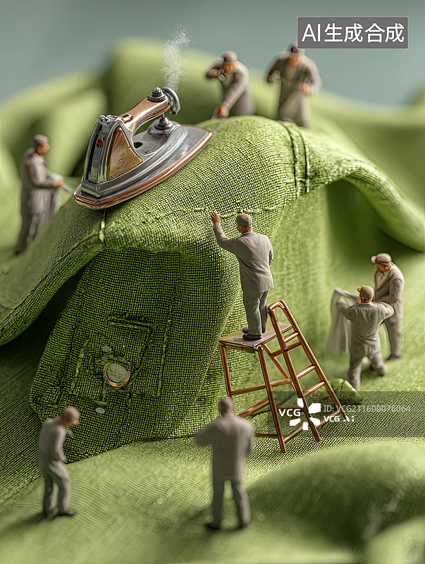 【AI数字艺术】微型人物在绿色布料上熨烫图片素材