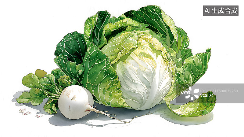 【AI数字艺术】一副大白菜和白萝卜的插画图片素材