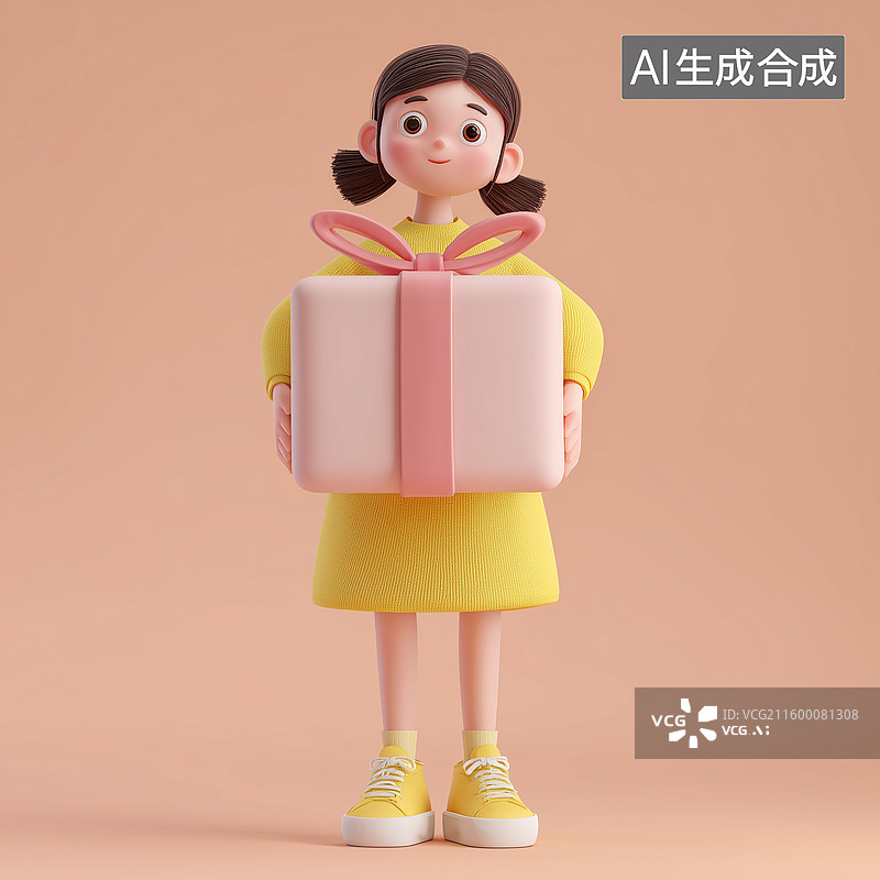 【AI数字艺术】卡通女孩捧粉色礼盒图片素材