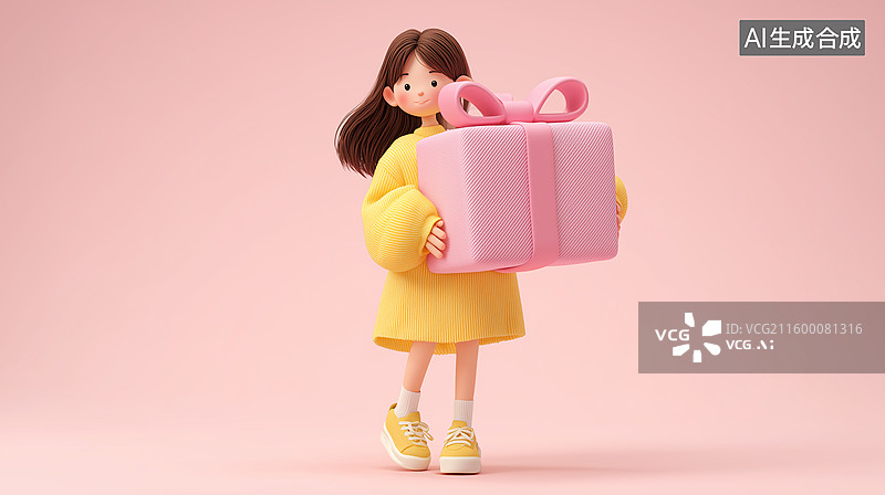 【AI数字艺术】卡通女孩捧粉色礼盒图片素材