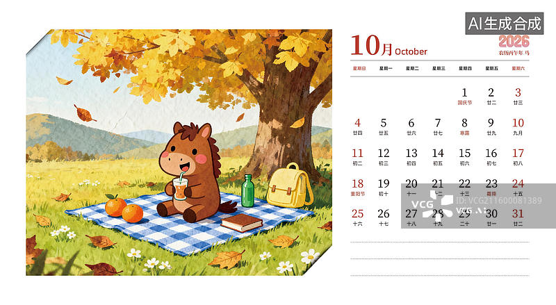 【AI数字艺术】2026马年可爱插画台历日历设计模版10月图片素材