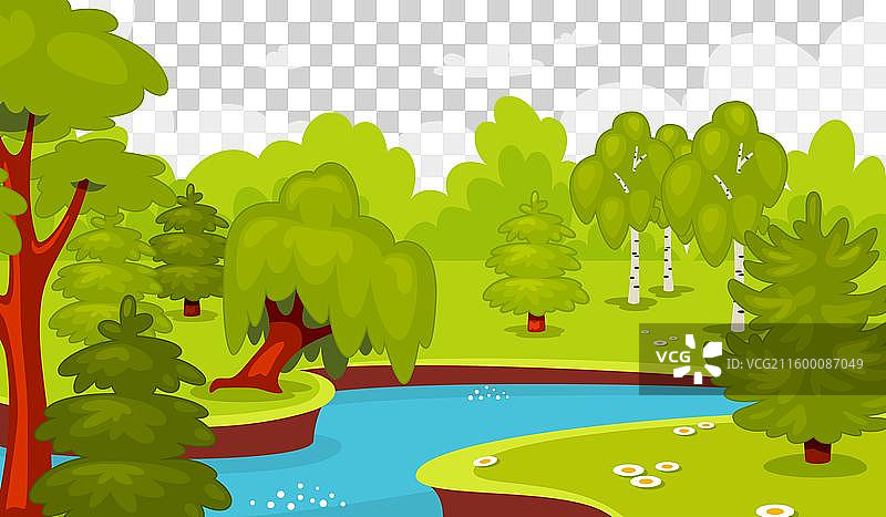 岸边风格化的卡通植物景观树木图片素材