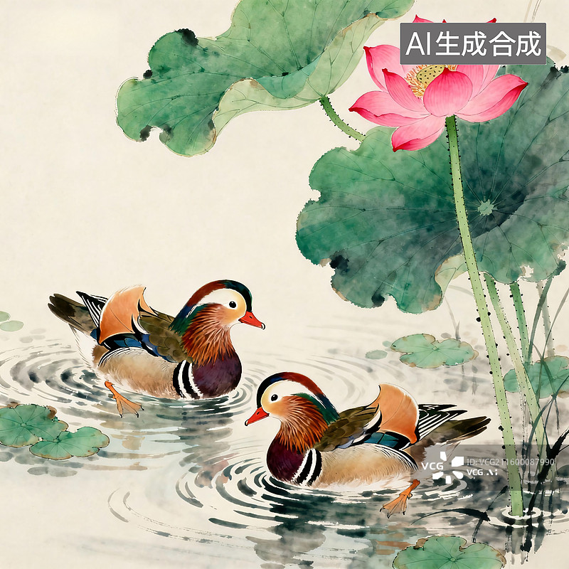 【AI数字艺术】荷塘鸳鸯戏水图图片素材