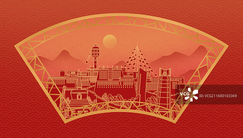 西藏中国风新年红色中秋扇形古典窗户城市建筑图片素材