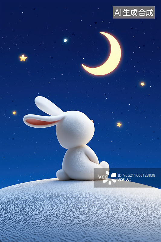 【AI数字艺术】兔子静坐月牙旁图片素材