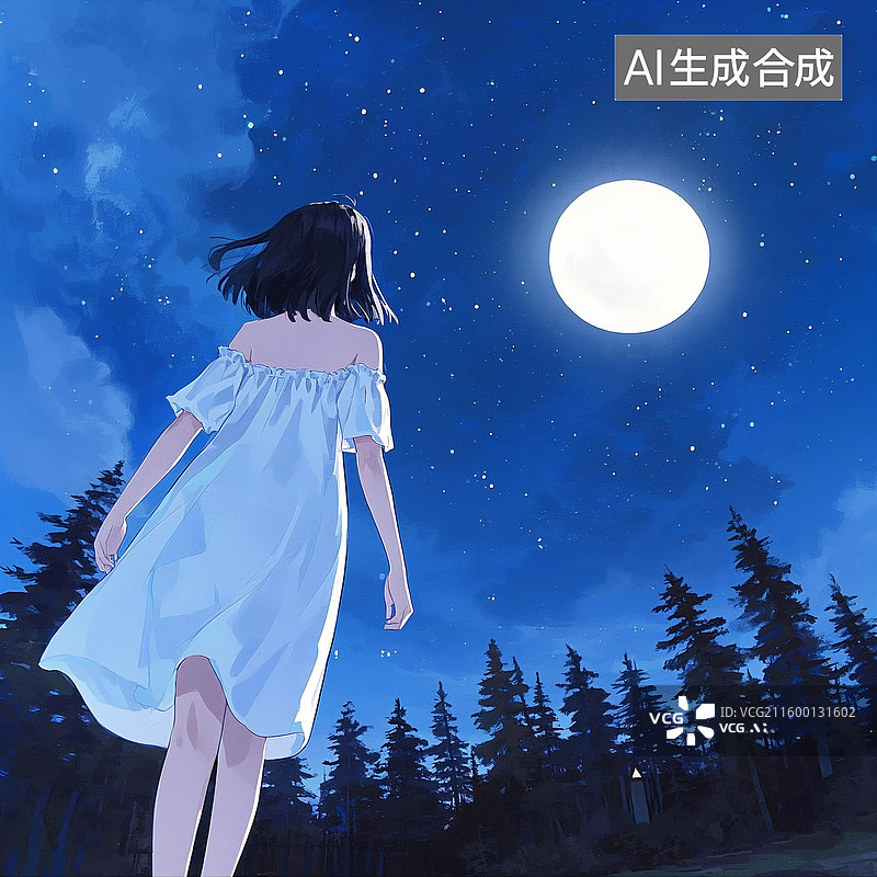 【AI数字艺术】手绘简约版漫画，蓝色星空，一个圆圆的月亮，抬头看星空的女孩，忧伤，广角，远景，全身，背影图片素材