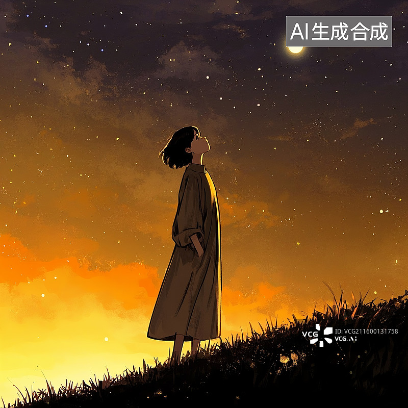 【AI数字艺术】手绘简约版漫画，蓝色星空，一个圆圆的月亮，抬头看星空的女孩，忧伤，广角，远景，全身，背影图片素材