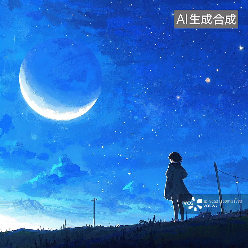 【AI数字艺术】手绘简约版漫画，蓝色星空，一个圆圆的月亮，抬头看星空的女孩，忧伤，广角，远景，全身，背影图片素材