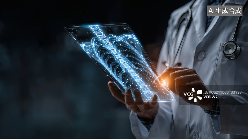 【AI数字艺术】身穿白大褂的医生，手拿患者X光片，医疗背景图图片素材