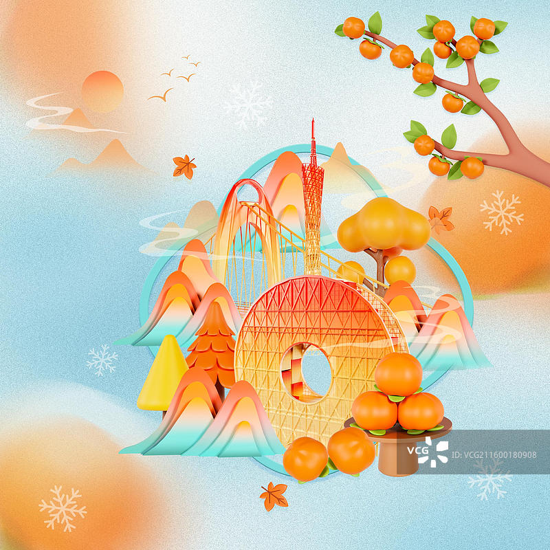 国潮风霜降节气海报广州城市插画图片素材