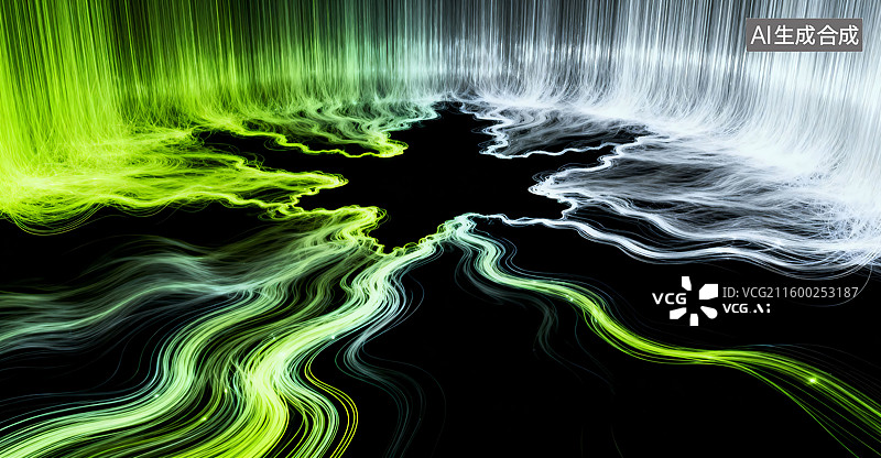 【AI数字艺术】荧光绿银白色河流光绘流光壁纸抽象艺术三维图图片素材