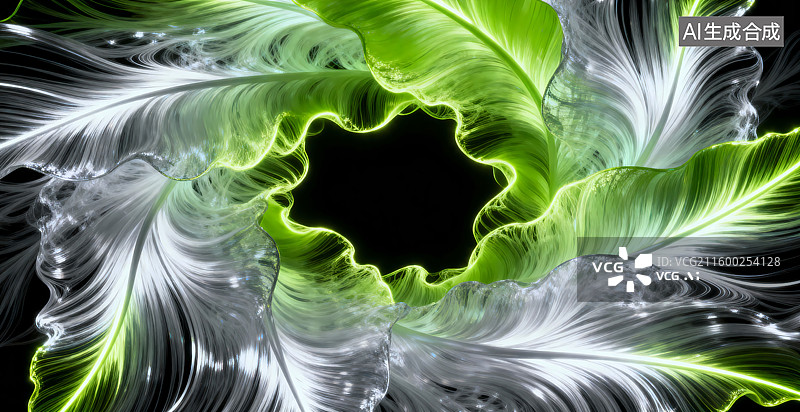 【AI数字艺术】荧光绿银白色渐变色光绘流光叶子叶脉壁纸三维图图片素材