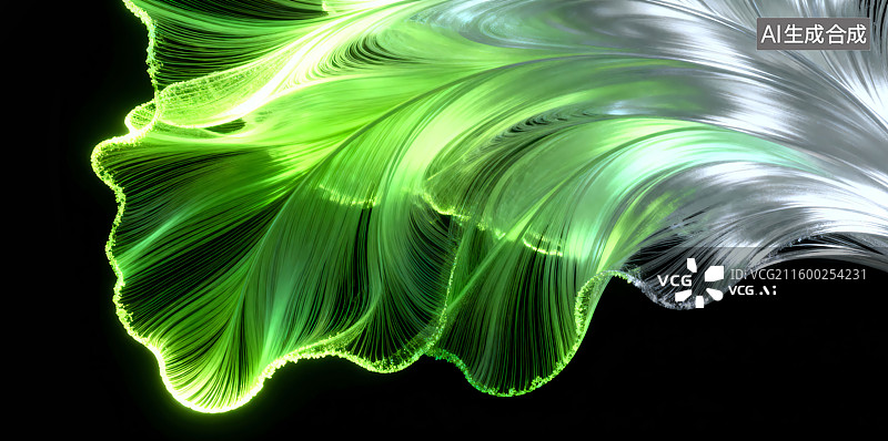 【AI数字艺术】荧光绿银白色渐变色光绘流光叶子叶脉壁纸三维图图片素材