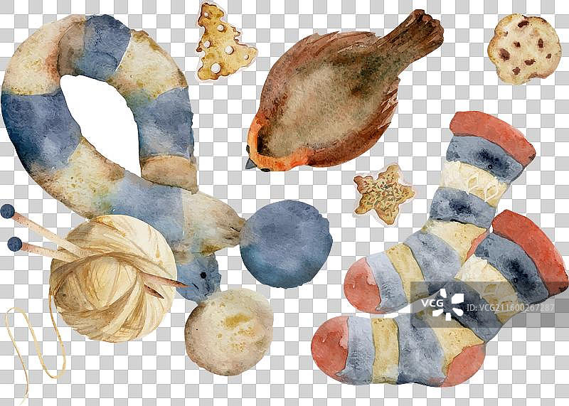 手绘水彩针织围巾、袜子和毛线图片素材