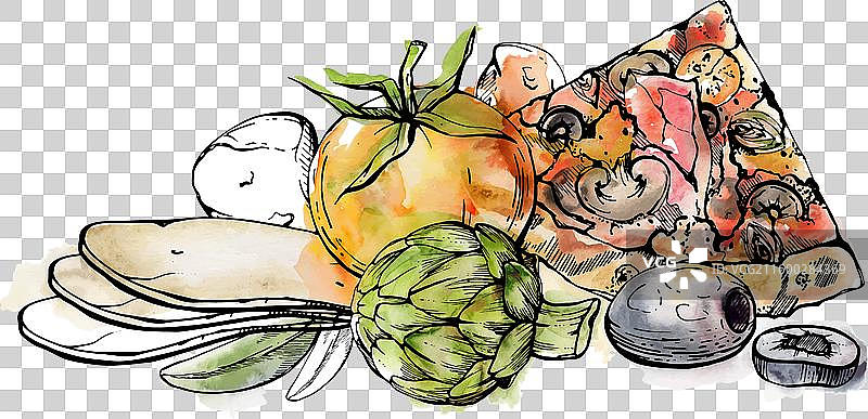 手绘水彩墨水卡普里乔萨披萨图片素材