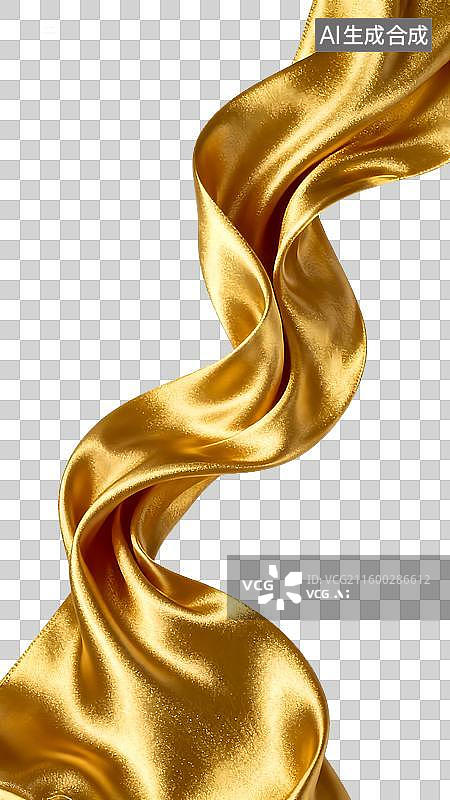 【AI数字艺术】流动的金色绸缎绸带丝绸曲线3D渲染免扣元素图片素材