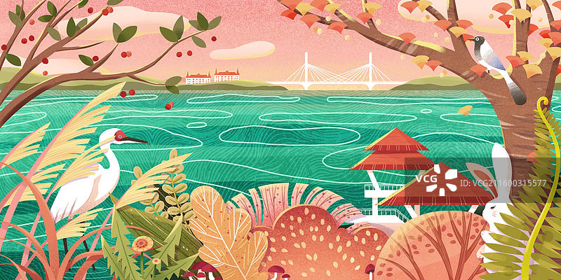 卡通风景插画湖畔秋色图片素材