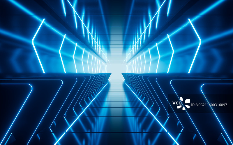 蓝色玻璃背景的霓虹隧道3D渲染图片素材