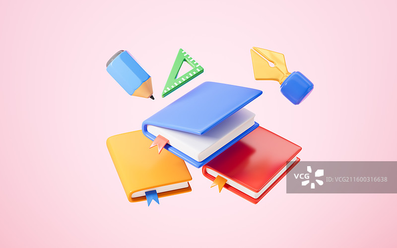 卡通书本和铅笔等学习主题3D渲染图片素材
