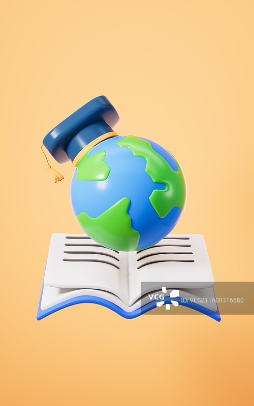 卡通地球和书本出国留学国际学校概念3D渲染图片素材