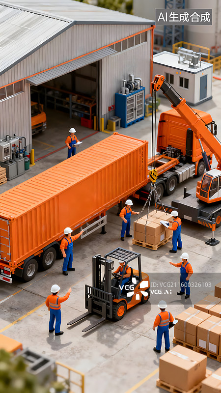 【AI数字艺术】仓库叉车搬运货物货车微缩景观图片素材
