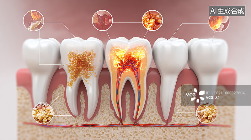 【AI数字艺术】牙齿龋齿发展过程示意图图片素材