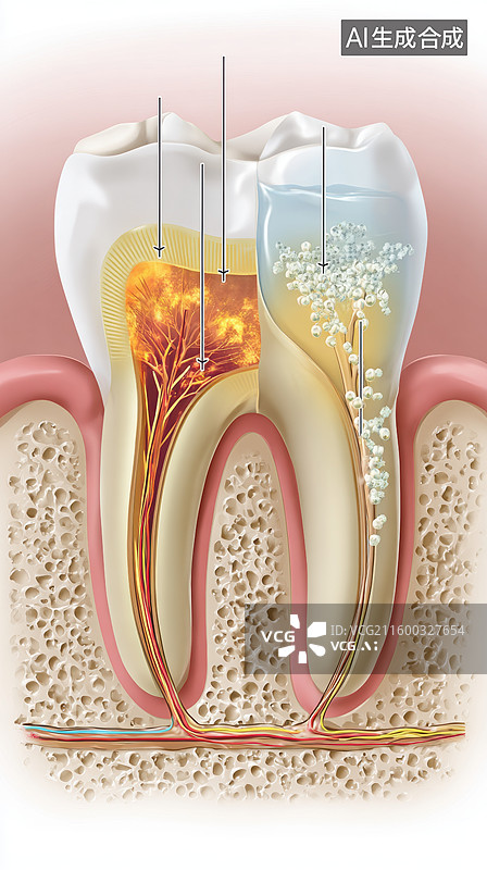 【AI数字艺术】牙齿结构与牙髓炎症示意图图片素材