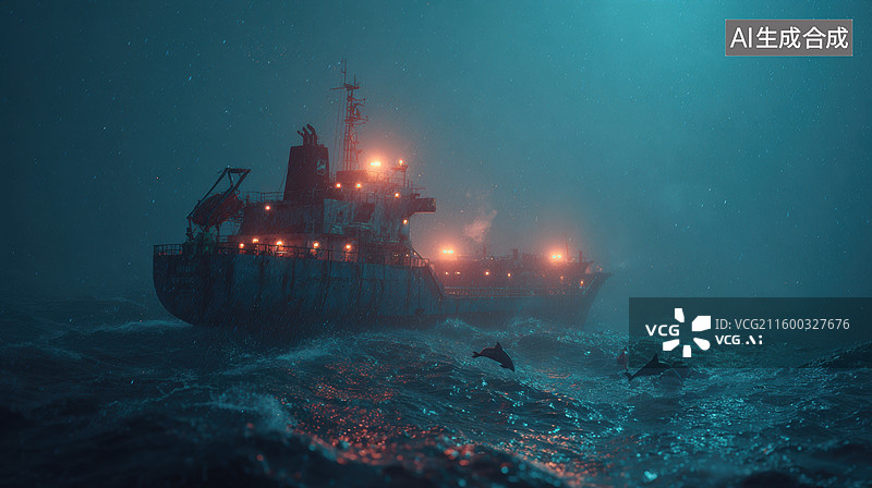 【AI数字艺术】夜雾中航行的渔船图片素材
