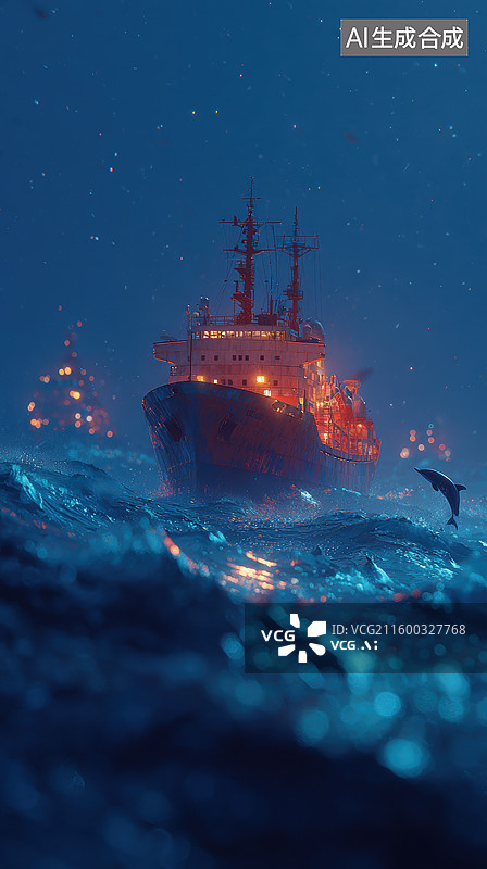 【AI数字艺术】夜海中的渔船与跃出水面的海豚图片素材
