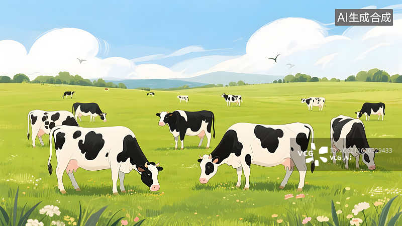【AI数字艺术】草原奶牛悠闲觅食图片素材