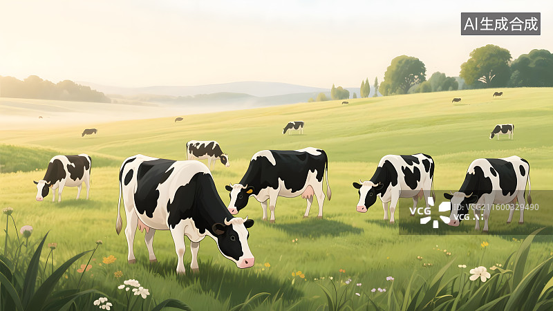 【AI数字艺术】草原奶牛悠闲觅食图片素材