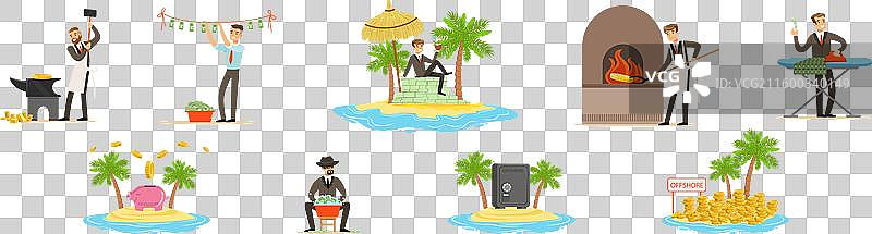 一个角色堆着一摞钱，象征贿赂资金图片素材