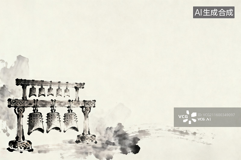 【AI数字艺术】中国水墨画风格，传统中国乐器，编钟图片素材