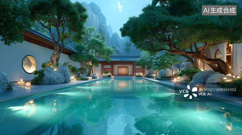 【AI数字艺术】月下静谧庭院图片素材