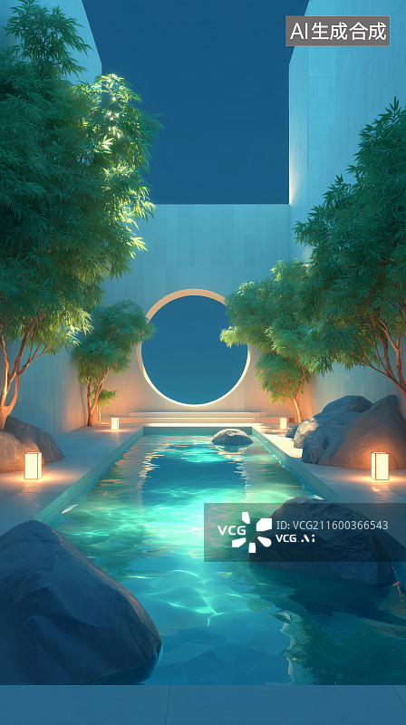 【AI数字艺术】月下静谧庭院图片素材