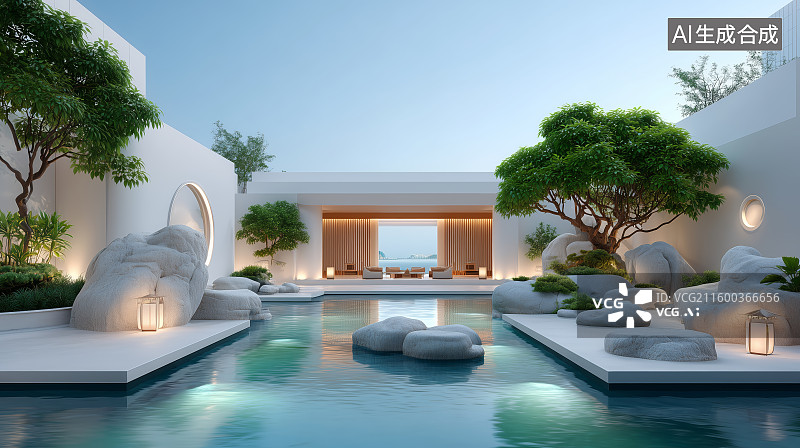 【AI数字艺术】月下静谧庭院图片素材