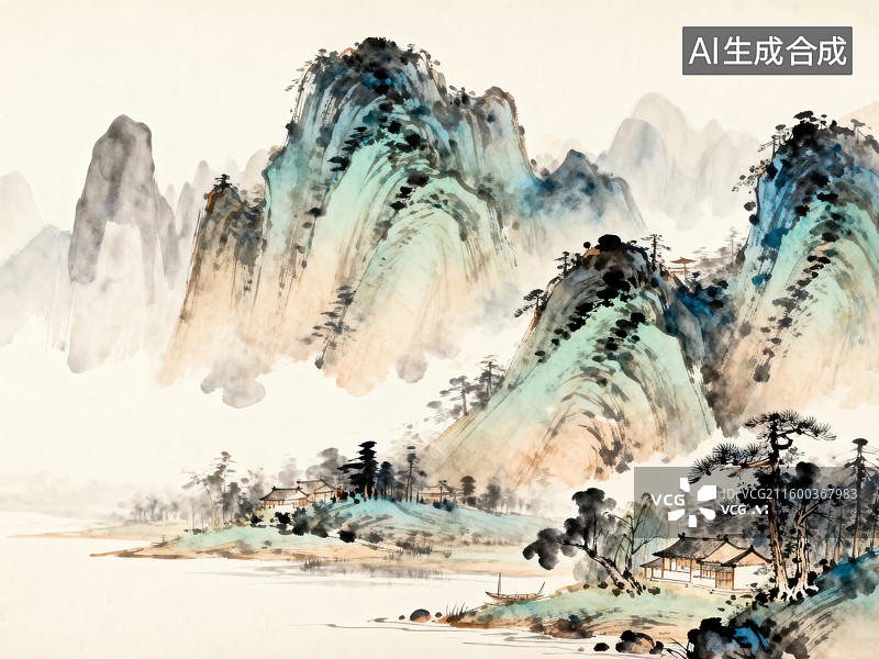 【AI数字艺术】传统中式山水画卷图片素材