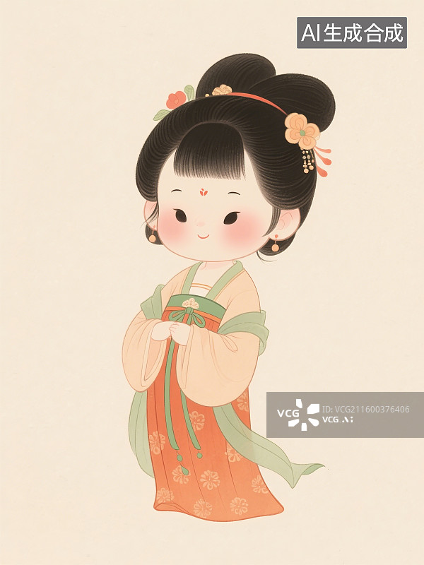 【AI数字艺术】国风手绘人物插画，Q版，唐朝女子，穿汉服的女性，传统服装，古装汉服，仕女图图片素材