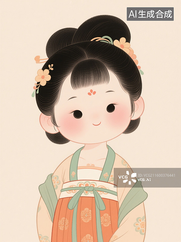 【AI数字艺术】国风手绘人物插画，Q版，唐朝女子，穿汉服的女性，传统服装，古装汉服，仕女图图片素材
