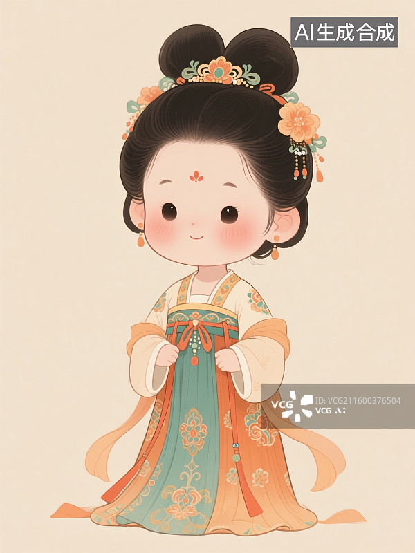 【AI数字艺术】国风手绘人物插画，Q版，唐朝女子，穿汉服的女性，传统服装，古装汉服，仕女图图片素材