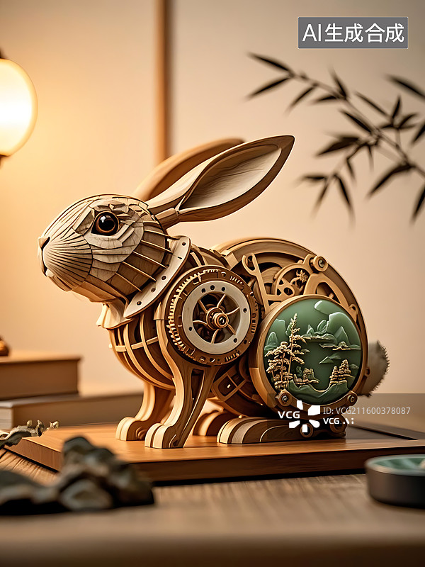 【AI数字艺术】十二生肖木制机关兔图片素材