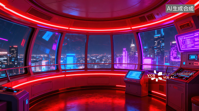 【AI数字艺术】赛博朋克未来感的红紫霓虹城市景观舱室图片素材