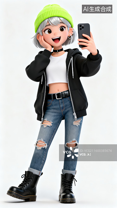 【AI数字艺术】拿手机自拍的3D银发潮酷时尚女孩图片素材
