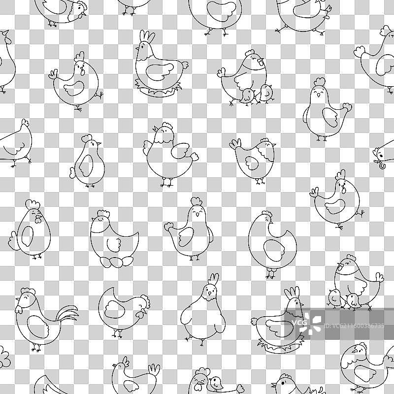 公鸡、母鸡和小鸡的填色页图片素材